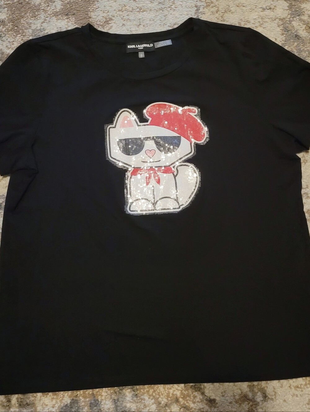 Karl Lagerfeld Paris Sequin Cat Graphic Tee | Black Designer T-Shirt | Size L